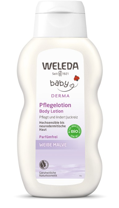 WELEDA White Mallow Body Lotion natūralus kūno pienelis su svilarožėmis alergiškai sausai kūdikių odai