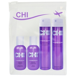 FAROUK CHI Magnified travel Kelioninis rinkinys plaukų apimčiai didinti: šampūnas + kondicionierius + lakas + putos