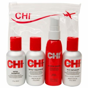 FAROUK CHI Travel dažytų plaukų priežiūrai: šampūnas + kaukė + purškiklis nuo karščio + šilko kompleksas