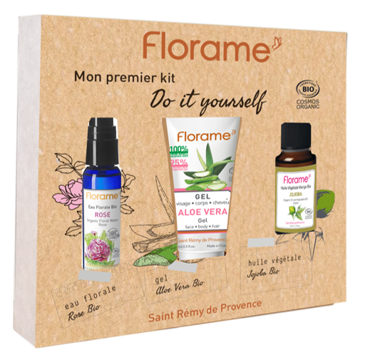 FLORAME ekologiškas rinkinys: Rožių gėlių vanduo, 25 ml + Alijošiaus gelis, 50 ml + Simondsijų augalinis aliejus, 30 ml