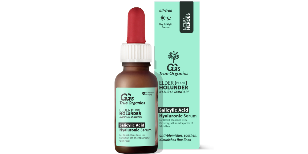GG's True Organics ekologiškas salicilo rūgšties ir hialurono serumas veidui, šviesina odos dėmes, 30ml