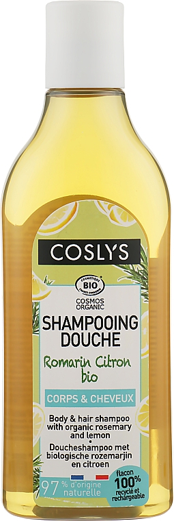 COSLYS natūralus šampūnas ir kūno prausiklis su rozmarinų ir citrinų aliejais, 750ml