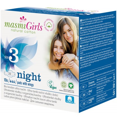 MASMI ekologiški labai ploni higieniniai paketai su sparneliais nakčiai „Masmi Girls", 10vnt