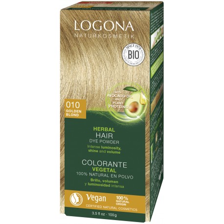 LOGONA Herbal Hair Dye Powder 010 Golden Blond Natūralūs augaliniai kreminiai plaukų dažai, 150 ml