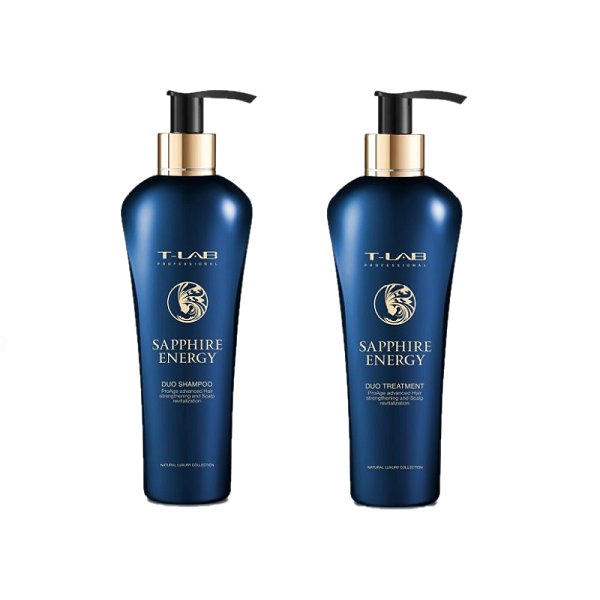 KOSMETIKA PLAUKAMS / T-LAB Professional Sapphire Energy ekologiškas rinkinys plaukų stiprinimui: šampūnas 300ml + kondicionierius-kaukė 300ml