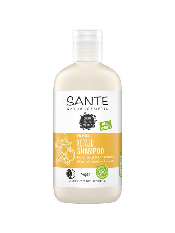 SANTE natūralus atkuriamasis šampūnas su alyvuogių aliejumi ir žirnių baltymais, pažeistiems, pavargusiems plaukams, 250ml