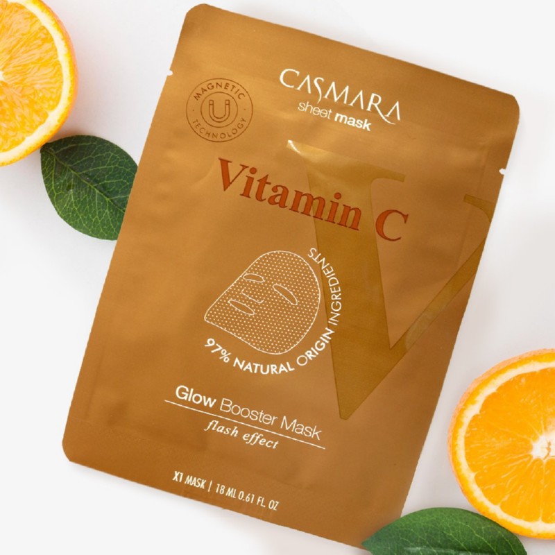 CASMARA Glow Booster Sheet Mask Vitamin C – skaistinamoji veido kaukė su vitaminu C ir niacinamidu, magnetine technologija - 2 vienetai