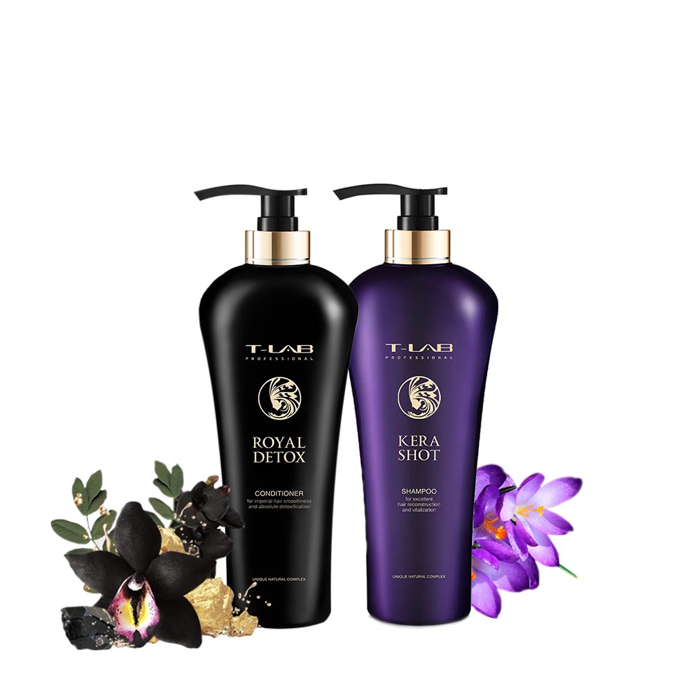 T-LAB Professional Kera Shot – šampūnas plaukų atstatymui ir atgaivinimui 750 ml ir T-LAB Professional Royal Detox Conditioner – Detoksikuojantis kondicionieriaus-kaukė 750ml